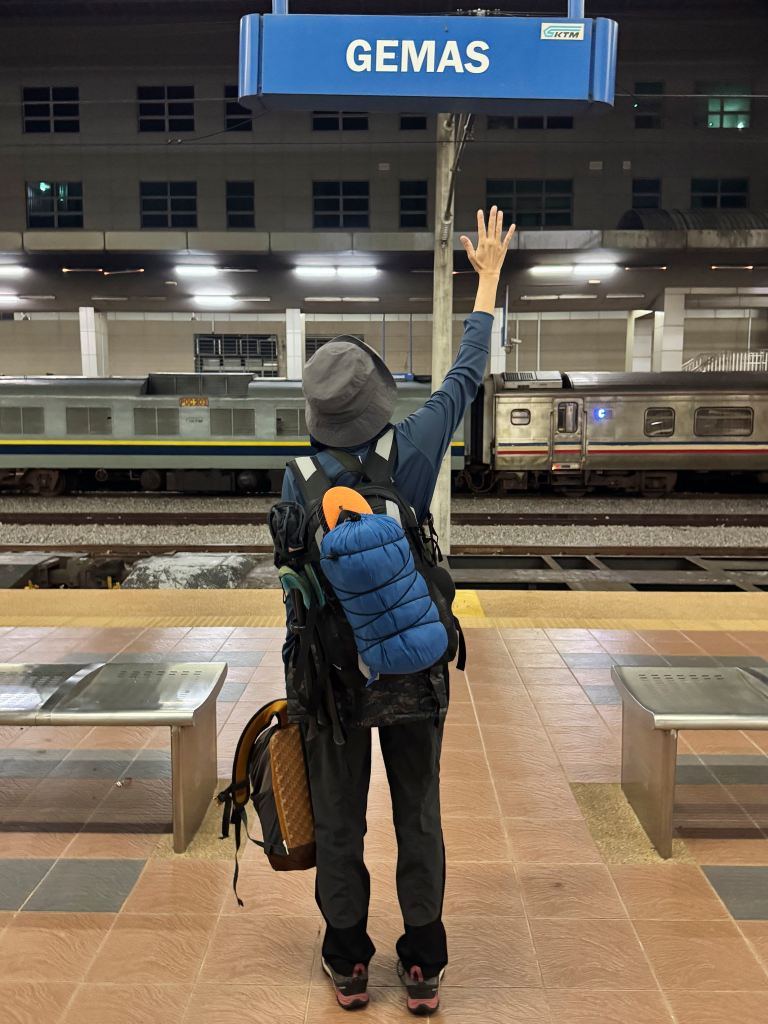 A traveler stands at a train station platform with their hand raised, waiting for a train, while carrying multiple backpacks and a bag. The station sign reads 'GEMAS'.